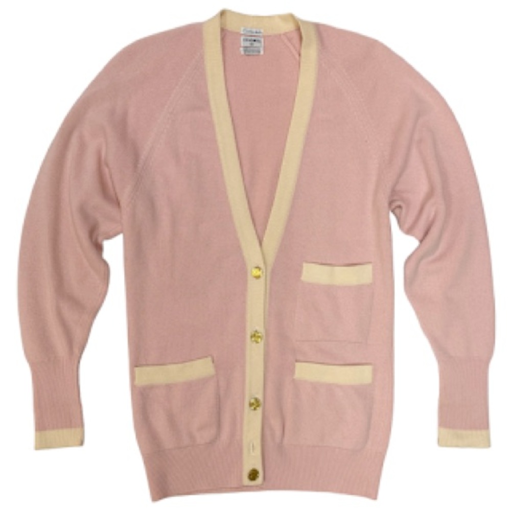 CHANEL Pink Sweater with Cream Trim Cashmere-Blend Cardigan